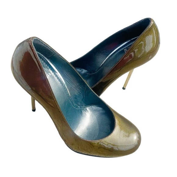 Stuart Weitzman Olive Green Patent Leather Round Toe Stilettos Silver Heels 8 M - Picture 7 of 9